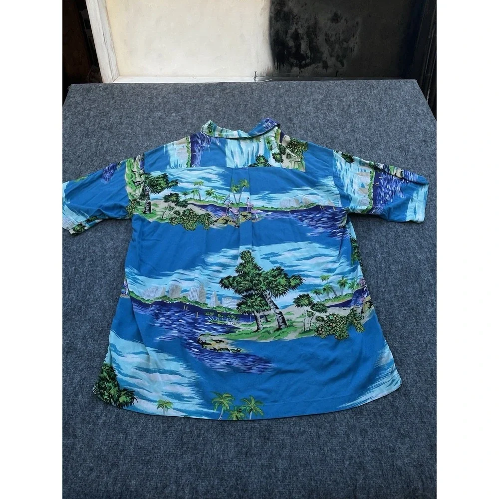 VTG Mens XL Hawaiian M. E. Sport Tropical Button Front Shirt Birds Skyline Rayon